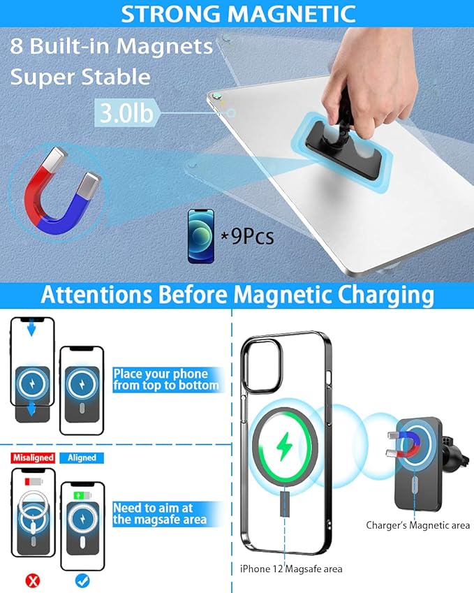 15W Magnetic Wireless Car Charger for iPhone 16/15/14/13/12 Pro Max/Mag-Safe Case, Qi Fast Charging Mount, Dashboard Air Vent Phone Holder for iPhone 16/15/14/13/12