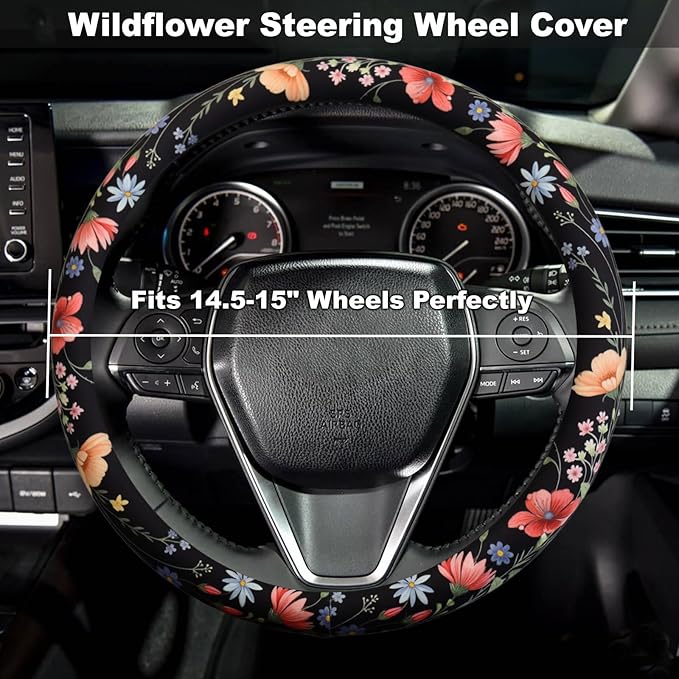 Watercolor Wildflower Steering Wheel Cover for 14.5-15 Inch (37-38 cm) Wheels, Premium Fabric with Non-Slip Rubber Inner Ring