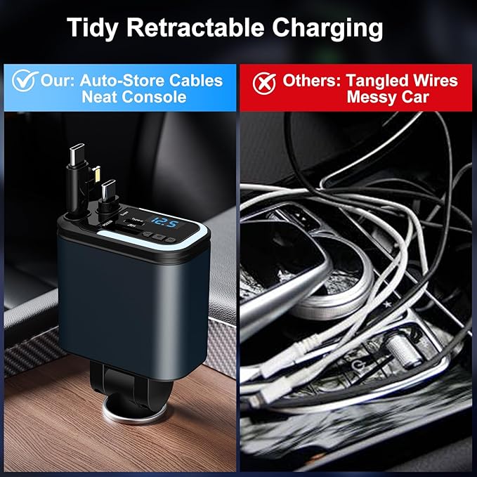 5-in-1 120W 30-Minutes Fast Flash Charging Retractable Car Charger, Wireless Bluetooth FM Transmitter, Type-C+USB-A Car Charger Adapter, Compatible with iPhone 17/16/15/14/13 Pro Max & Android Devices