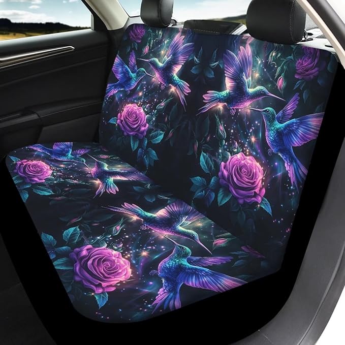 KEIAHUAN Purple Rose Hummingbird Car Seat Covers Full Set Car Front/Rear Seat Cover Universal Size Fit for Truck SUV Sedan Van for Women