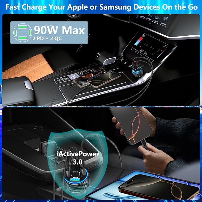 USB C Car Charger, KYOHAYA 2Pack 90W 4-Port Dual USB-C & USB-A Car Power Cigarette Lighter PD/QC3.0 Type C Car Carplay Charger Fast Charging for iPhone 17 17 Pro 16 15 14 13 12 11/Galaxy S26 S25/Pixel