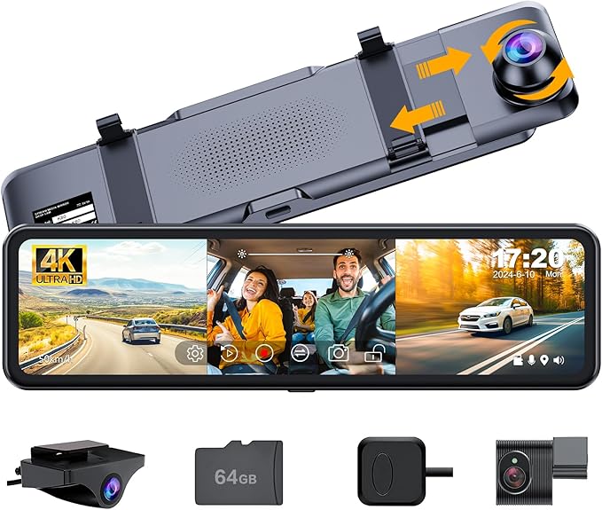 3 Channel Mirror Dash Cam with Front 4K, in-Cabin & Rear 1080P Cameras, Enhanced Night Vision, G-Sensor & Parking Monitor, 64GB Card Included, Triple Rear View Mirror Camera for Cars & Trucks