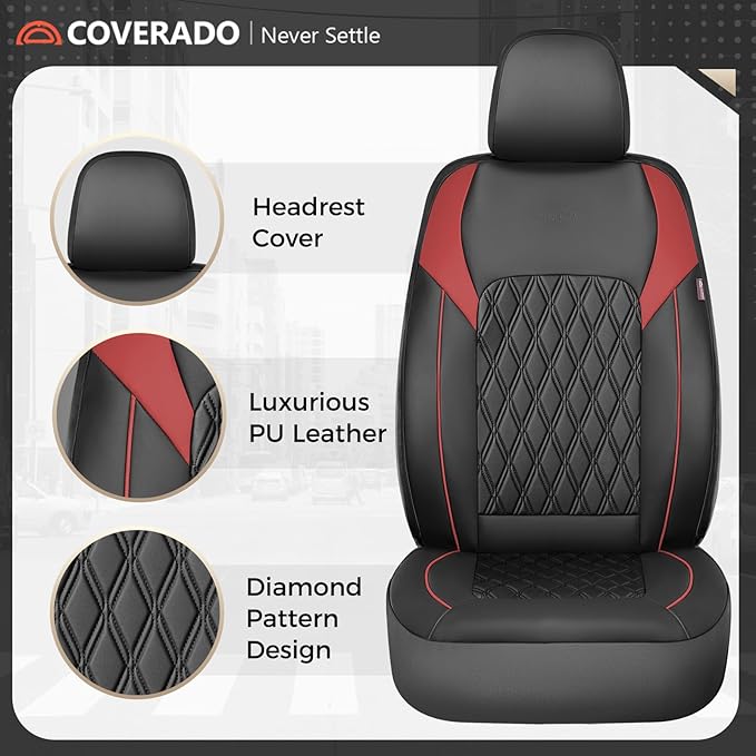 Coverado Car Seat Covers Full Set, Leather Seat Covers, Automotive Seat Covers for Cars, Car Seat Covers Front Seats Back, Car Seat Protector Car Seat Cushion Universal Fit Most Cars Trucks, Black&Red