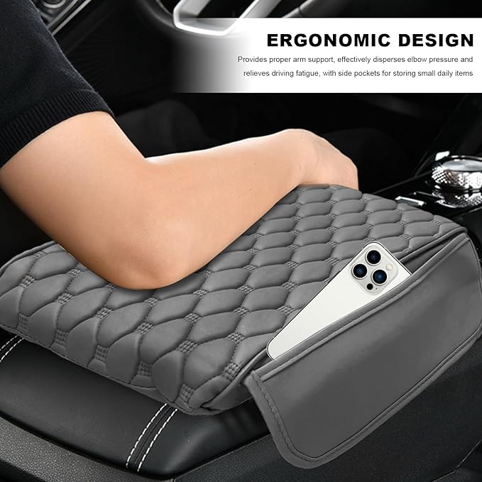 Car Armrest Cushion, Memory Foam Auto Arm Rest Box Protector with 2 Storage Bags, Waterproof Leather Center Console Cover Universal for Most Vehicles, Car Accessories (Gray)