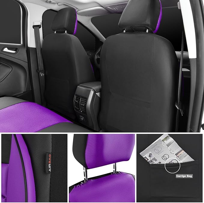 CAR PASS Leather Car Seat Covers Front Seats Only, Universal Fit 3D Foam Support Car Seat Covers for Trucks Vans SUVs Comfortable Automotive Interior Airbag Compatible 2 Pieces (Black Purple