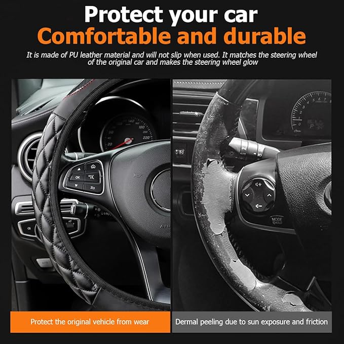 Carbon Fiber Car Steering Wheel Cover, Leather Breathable Non-Slip 14.5-15 Inch Vehicle Steering Wheel Protector, Auto Interior Protection Accessories, Universal for SUV Sedan Truck(Black)