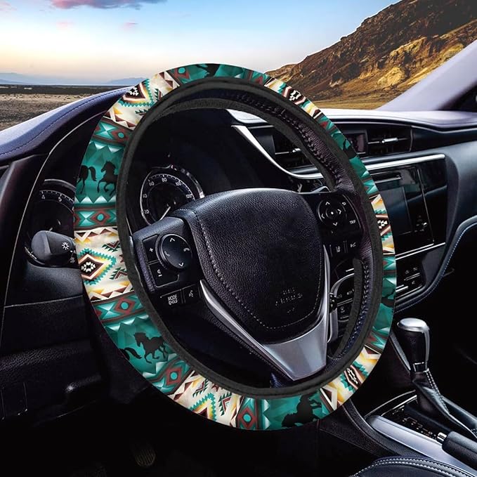 SEANATIVE Universal 15 inch Auto Car Steering Wheel Cover Aztec Tribal Horse Neoprene Car Steering Wheel Protector Cover fit Most Van Truck SUV