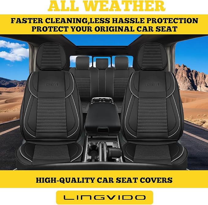 LINGVIDO Full Set Car Seat Covers, Faux Nappa Leather, Airbag Compatible and Waterproof Protectors for Sedans SUVs, Breathable Interior for Active Families, Pets, and Commuters (5 Seats, Black/Gray)