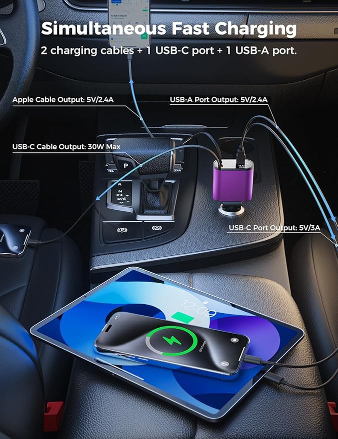 SUPERONE 【Upgraded】 Retractable Car Charger 4 in 1, Fast Car Phone Charger with Cord 2.6ft, USB C and Apple Car Charger Adapter, Compatible with iPhone 17/16/15/15 Pro Max/14/13/12/11, Galaxy, Pixel