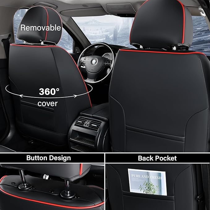 Coverado Seat Covers, Car Seat Covers Front Seats, Car Seat Cover, Car Seat Protector Waterproof, Car Seat Cushion Nappa Leather, BlackRed Seat Covers Carseat Cover Universal Fit for Most Cars