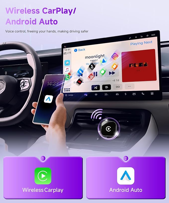2 in 1 Mini Wireless CarPlay Adapter for iPhone, Apple Carplay Android Auto Adapter, Bluetooth 5.0 Carplay Dongle, Plug & Play, 5G-WiFi (Black)