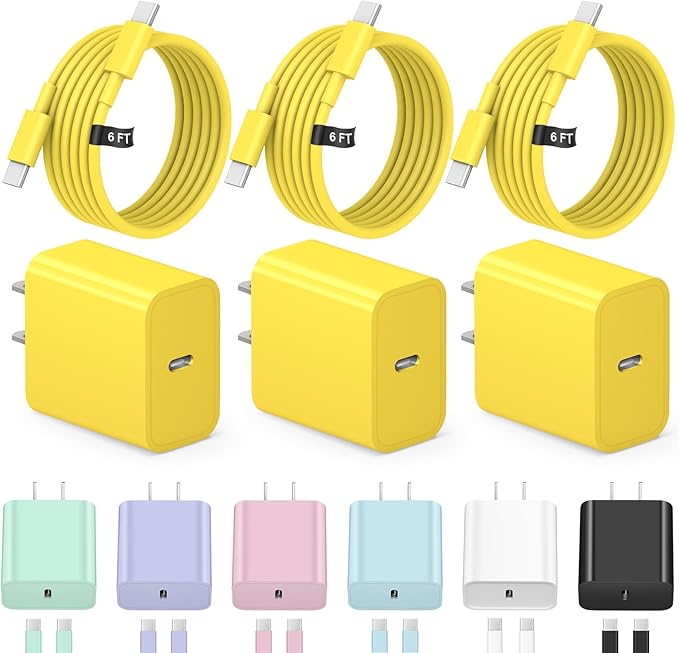 iPhone 17 16 15 Charger Fast Charging 3+3Pack Type C Charger USB C Chargers Block with 6FT Cable for iPhone Air/17/17 Plus/17 Pro/17 Pro Max/16/16 Plus/16 Pro/16 Pro Max/15/15 Pro Max/iPad Pro(Yellow)