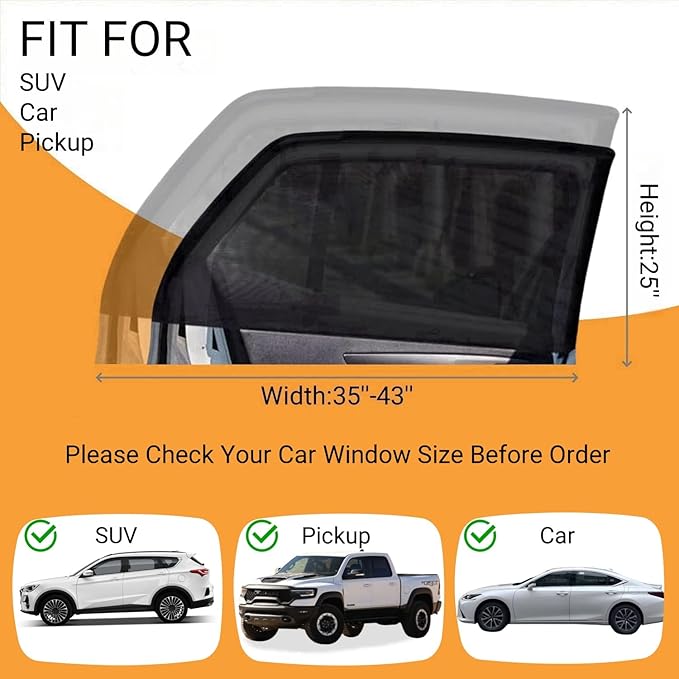 2Packs Universal Car Window Screen for Rear Window 25"(H) X43(W), Elastic Mesh Sun Shde Car Camping Window Cover, Fit for Most Cars Large SUVs, Truck, Pickup