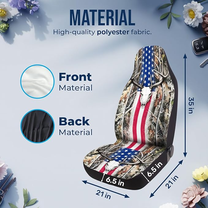 GENANY Hunting Car Seat Covers Set of 2, Deer Skull Breathable Front Seat Covers for Truck Sedan SUV, American Flag Car Accessories, Hunting Gift for Women Men