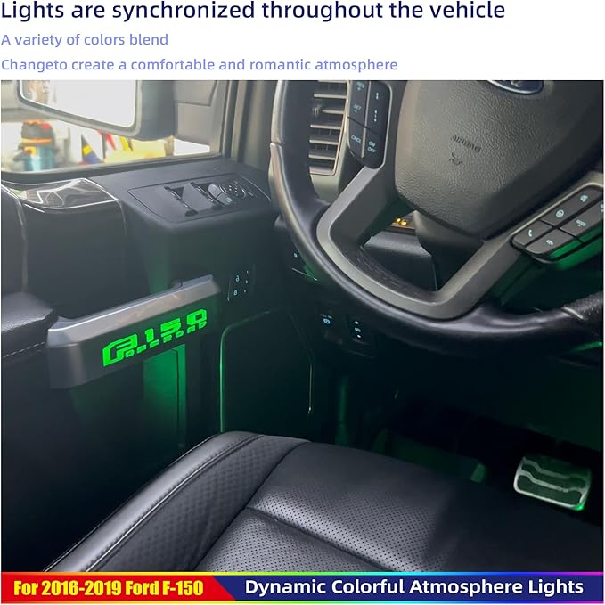 Ambient Light Kit for 13th Gen Ford F-150, 2015-2020 Chrome Interior Inner Door Handle Cover, Door Opening Warning, 256-Color, SYNC 3 Controlled Light Brightness, F150 Truck Accessories Replacement