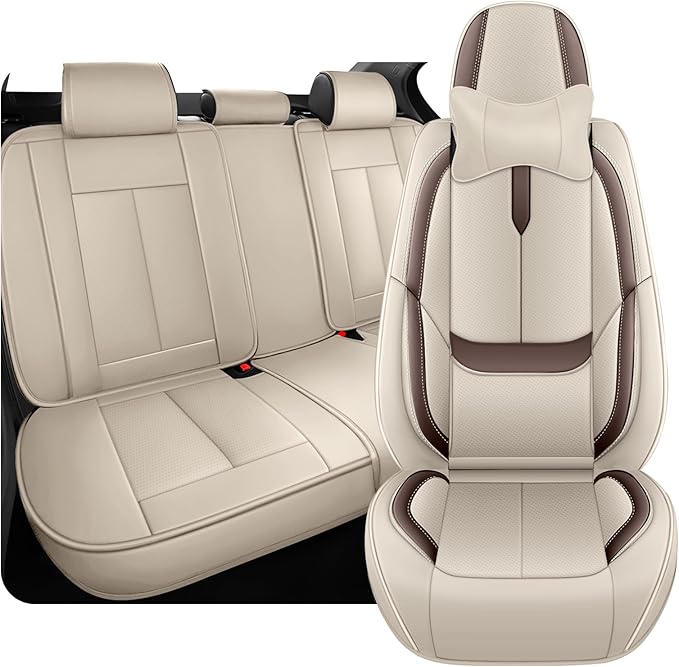 Fit for 98% of Mercedes Benz Car Seat Covers with Headrests, Premium Nappa Leather Seat Cover, Fully Wrapped Protect Modern Style Seat Cover (5-Seat Luxury, Beige & Brown)