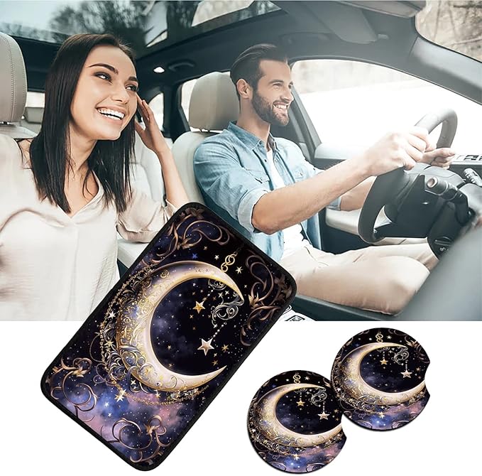 Car Armrest Cover Pads Universal Fashion Cute Auto Center Console Armrest Cover Pad with 2PCS Car Coasters Soft Waterproof Car Armrest Seat Protector for Women Girls, Crescent Stars in Sky