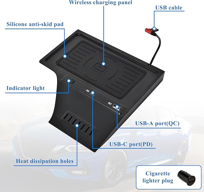 Car Wireless Charger for 2020+ Nissan Sentra, 30W Fast Charging USB-A USB-C 15W Wireless Charger Pad with Anti-Slip Silicon Mat for 2020-2024 Nissan Sentra S, SV, SR Accessories