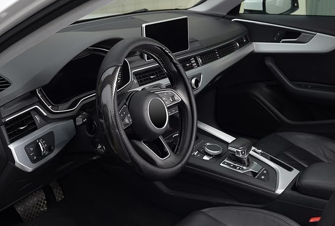KAFEEK Carbon Fiber Steering Wheel Cover, Universal 15 inch, Anti-Slip, Odorless,Black