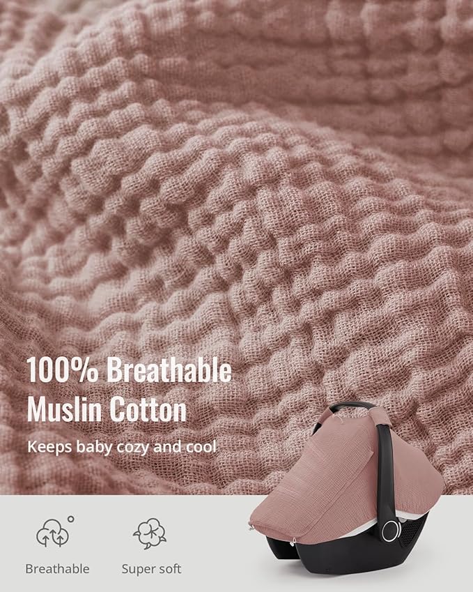 Blissful Diary Baby Car Seat Cover, Extra Large Mesh Window, Breathable Muslin Cotton, Infant Windproof Canopy-Dusty Pink