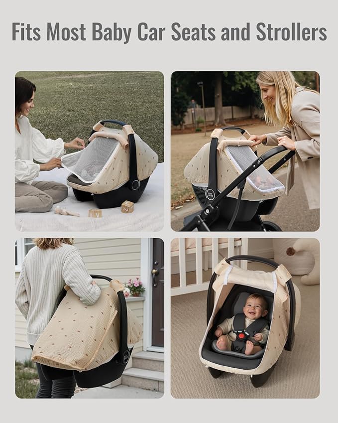 Blissful Diary Baby Car Seat Cover, Extra Large Mesh Window, Breathable Muslin Cotton, Infant Windproof Canopy, Must-Have Baby Gift - Sunshine
