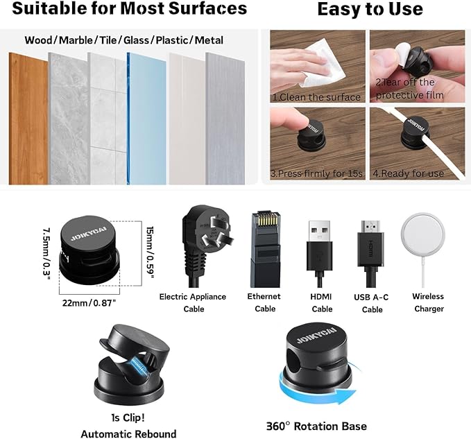 6 Desktop Cord Organizer Magnetic Spring Cable Clips Rotatable Cord Holder 2 Charging Cord Protecors for Nightstand Phone Charger Organizer Computer Desk Cable Management Appliance Adhesive Wire Strap