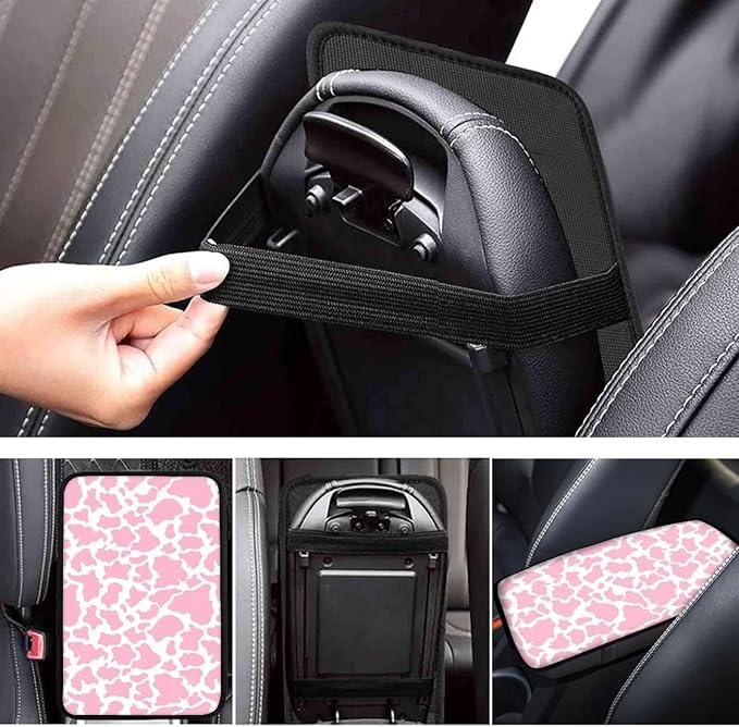 JoyLamoria Pink Cow Print Auto Armrest Box Pad Center Console Armrest Cover Universal Fit Car SUV Sedan