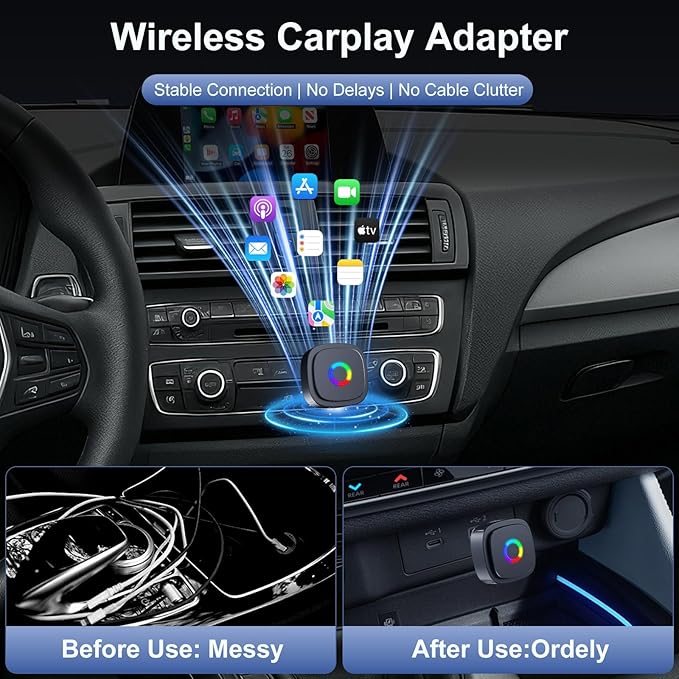 Ultra Mini Wireless CarPlay Adapter with A9 Chip, 5.8GHz Low Latency WiFi, 3-5s Fast Auto Connect, Universal Wireless Apple CarPlay & Android Auto for Factory Wired Cars