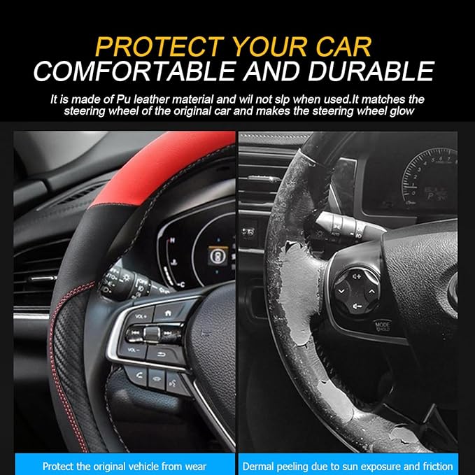 Mandark Car Steering Wheel Cover, 15 Inchs Microfiber Leather Non-Slip Vehicle Steering Wheel Protector, Breathable Auto Interior Protection Accessories, Universal for SUV Sedan Truck (Black/Red-B)