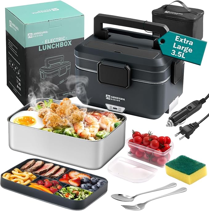 Annie & Mia Design Electric Lunch Box for Adults, 100w 3.5L 2-Layer Portable Food Warmer, Dual Mode 2.5L + 1L Heated Lunch Box for Adults, Home/Car/Office/Truck Use, Lonchera Eléctrica Portátil