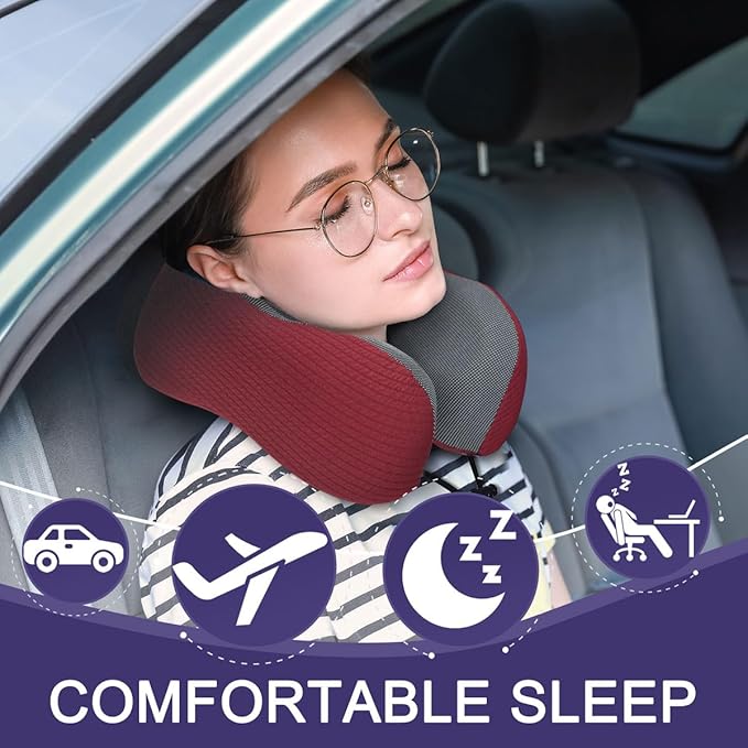 napfun Neck Pillow for Traveling, Upgraded Travel Neck Pillow for Airplane 100% Pure Memory Foam Travel Pillow for Flight Headrest Sleep, Portable Plane Accessories, Burgundy Striped Kit