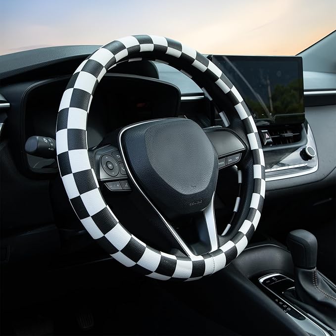 Black and White Race Checkered Steering Wheel Cover Auto Leather Steering Wheel Protector, Anti-Slip, Breathable, Absorbing Sweat, Universal Car Accessories 14.5–15 inch,Fit for Most Car, Trucks, SUV