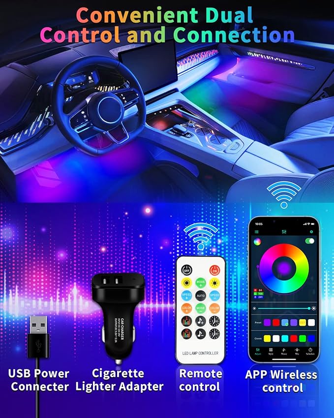 YM E-Bright 5 in 1 Car Interior Led Light Kit，Dreamcolor Acrylic Neon Interior Car LED Strip Lights，Dash Footwell Multicolor with Music Sync Mode and DIY Mode