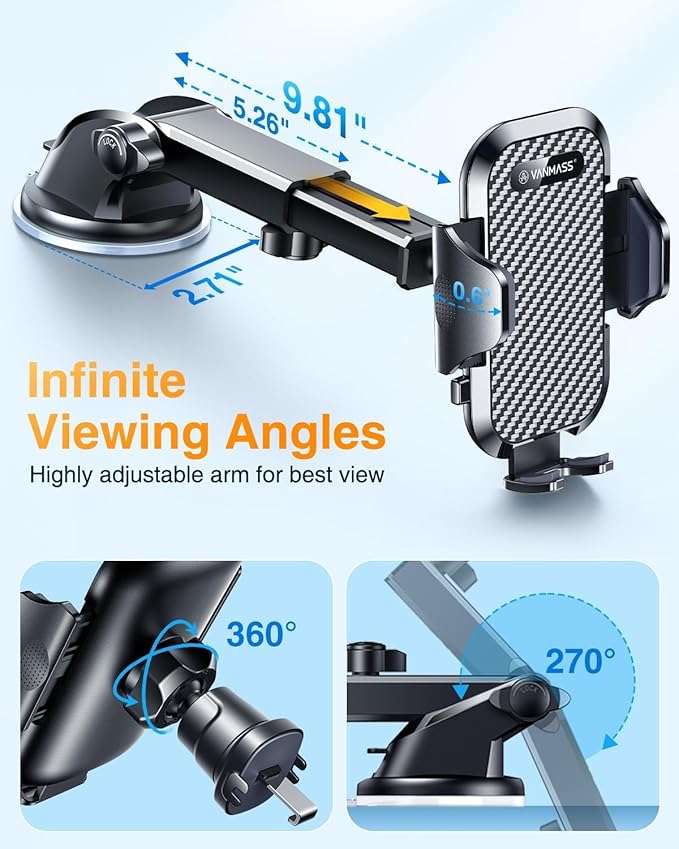 VANMASS Car Dashboard Phone Holder Universal Powerful Suction Cup Mount, Dash Windshield Air Vent Truck Stand Compatible with All Phones Black