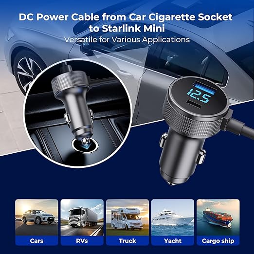 Starlink Mini Cable, 3 in 1 Starlink Mini Car Charger DC Power Cable+ Cigarette Lighter Adapter 12V-48V with Digital Display, Durable USB C PD 40W and USB A 35W Ports for Trucks and Cars (6.5FT)