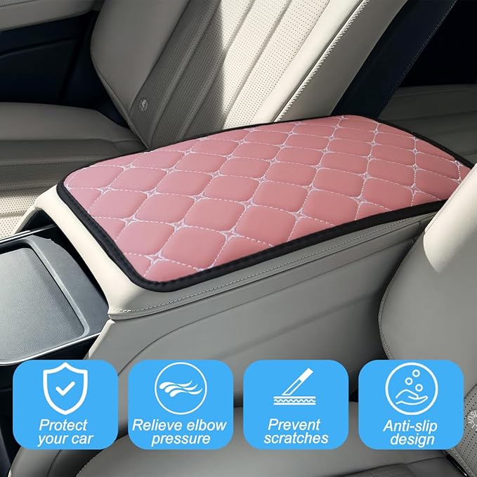 Car Center Console Cushion Pad, PU Leather Vehicle Armrest Cover Protector, Anti-Scratch Automotive Interior Arm Rest Seat Box Mat Accessories, Universal for SUV Sedan Truck (Pink)