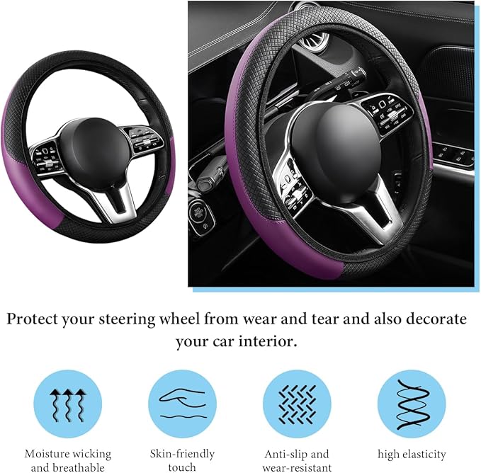 Car Steering Wheel Cover, 15 Inch Anti-Slip Stretch Leather Steering Wheel Protector, Comfortable Breathable Sporty Steering Wheel Cover for Women Men, Car Accessories (Black & Purple, AD)