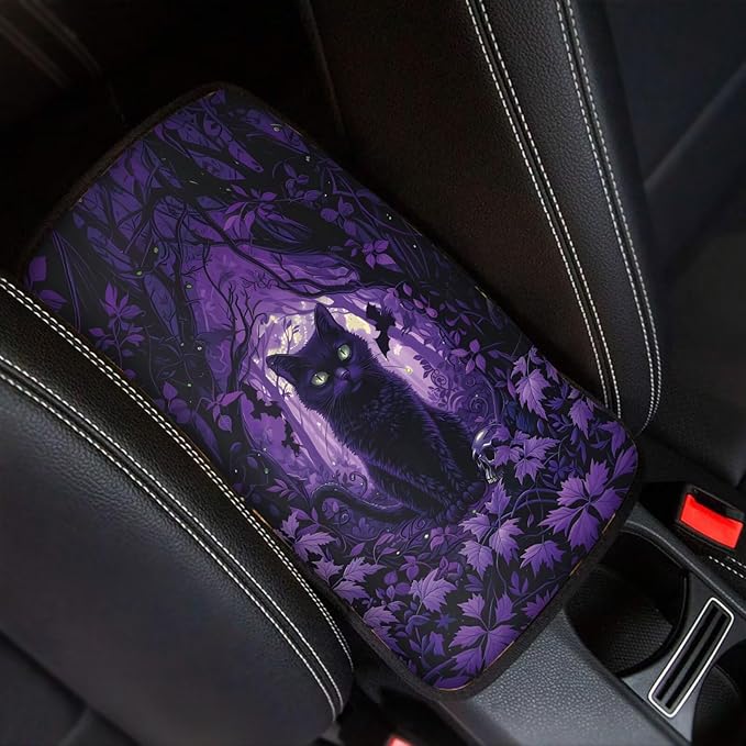 Dreaweet Halloween Center Console Cover Black Cat Arm Rest Cover for Car Truck SUV Universal Middle Console Cover Anti-Scratch Car Armrest Storage Box Mat
