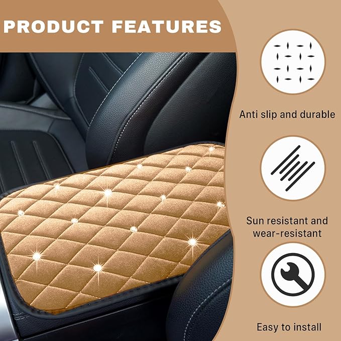 Bling Car Center Console Cover, Soft Fluffy Armrest Seat Box Cushion Pad, Crystal Diamond Arm Rest Protection Mat, Automotive Interior Decoration Accessories for Most Vehicles (Beige)