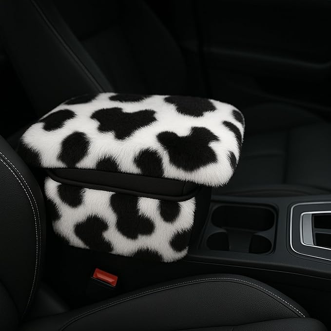 Fluffy Car Armrest Cover with Side Pockets – Plush Fuzzy Fur Center Console Armrest Cushion Pad, Universal Winter Car Interior Protector, Soft Arm Rest Cover with Storage for Women & Men (COWS)