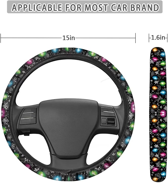 AFPANQZ Christmas Steering Wheel Covers Xmas Lights Print Car Steering Wheel Cover Universal Fit Almost Car Non-Slip Steering Wheel Covers Soft Sweat Absorbing Steering Wheel Protector Cover