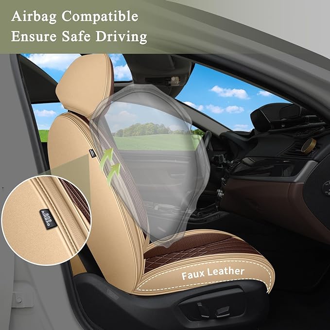 Breathable Car Seat Covers for Nissan Sentra 2008-2025 2026, Front Seats, Perforated Leather, Seat Protector, Interior Trim for Nissan Sentra Accessories (Beige&Brown)