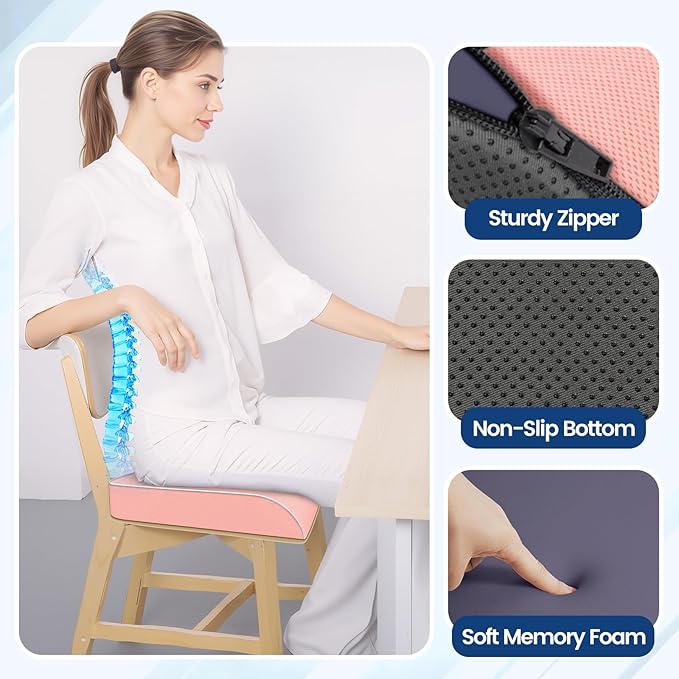 Seat Cushion for Tailbone Pain Relief, Office Chair Cushion, Memory Foam Large Chair Cushion with Non-Slip Cover for Soft Support at Office Chair, Car Seat, Airplane Pink/Large