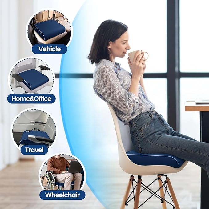 Seat Cushion for Tailbone Pain Relief, Office Chair Cushion, Memory Foam Large Chair Cushion with Non-Slip Cover for Soft Support at Office Chair, Car Seat, Airplane Drak Blue/2X-Large