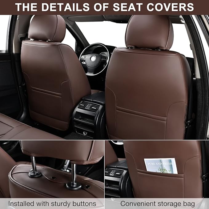 Brown Car Seat Covers Front Pair, Breathable Leather Automotive Front Seat Covers & Headrest for Reduce The Driving Fatigue, Compatible with Most Vehicles, Cars