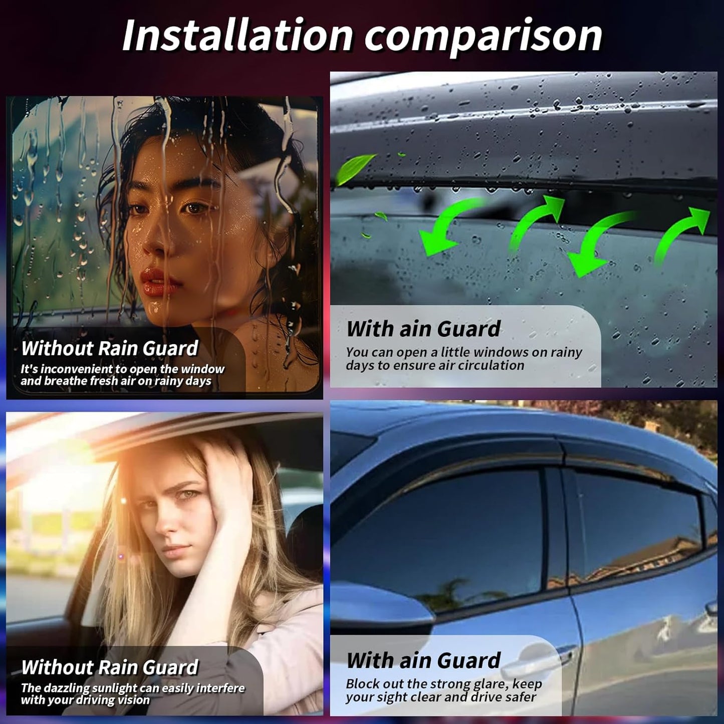 Rain Guards Side Window Visor Vent Outside Mount, 4PCS Fits for Honda Civic 4-Door Sedan 2006 2007 2008 2009 2010 2011
