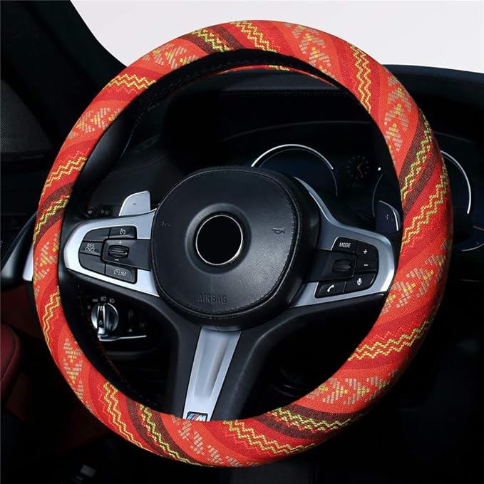 Ethnic Style Coarse Flax Cloth Automotive Steering Wheel Cover Anti Slip and Sweat Absorption Auto Car Wrap Cover (J, 14.5''-15'')