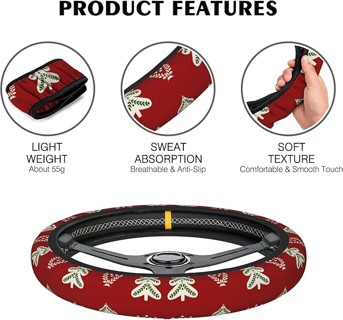 Christmas Tree Car Steering Wheel Cover, Non-Slip Absorbing Sweat Car Wheel Cover Accessories for Men Women,Universal 15" Fit Auto SUV Vans Trucks