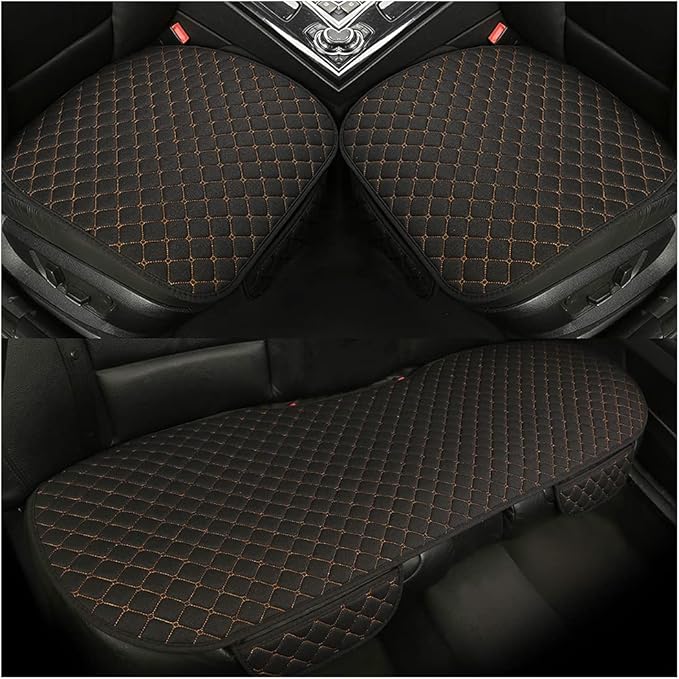3PCS Set Car Seat Cushion for Front and Back Seat, 3D Soft Linen Breathable Auto Seat Cover, Comfort Non-Slip Rubber Bottom Universal for Most Cars (Black/Gold/3PCS)