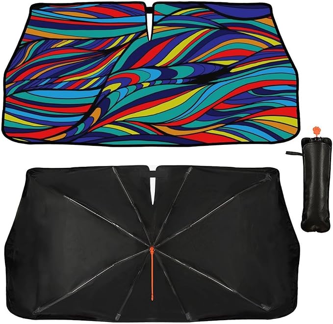 Neon Wave Print Car Sunshade Umbrella Colorful Neon Windshield Sun Shade for Car Retractable Umbrella Sunshades for Front Window Sun Shades Cover Visor Portector Block UV Ray